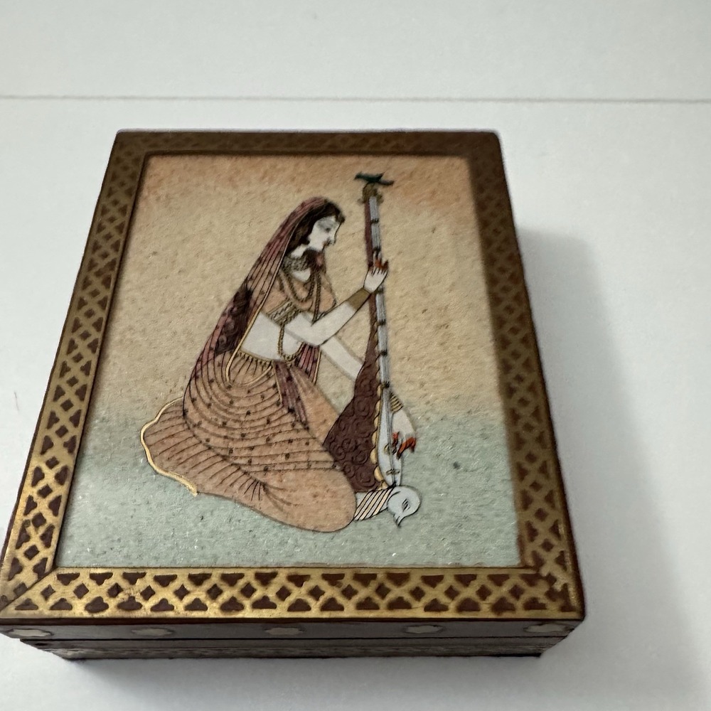 Wooden jewelry box with glass gem stone painting and brass border from India!